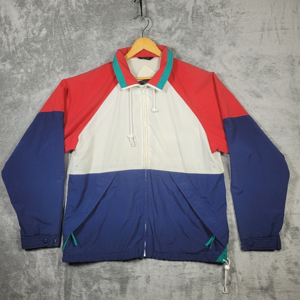 Vtg Field Stream Jacket Mens Medium Windbreaker Red White Blue Colorblock Hooded